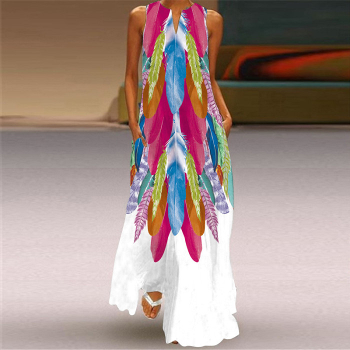 Ladies Fashion Print V Neck Sleeveless Loose  Maxi Dress