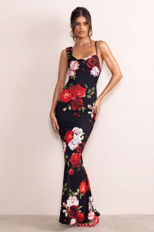 Sexy Evening Party Elegant Sling Backless Floral Bodycon Maxi Dress