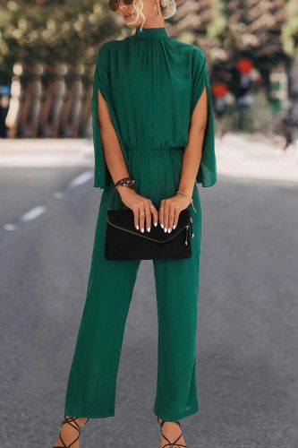 Elegant Women's Loose Stand Collar Slit Sleeves Office Fashion Jumpsuit