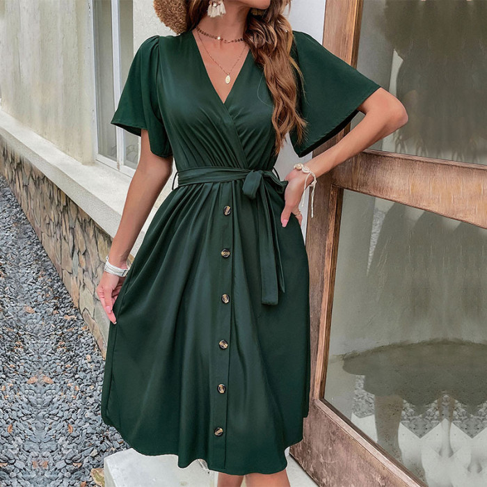 New Trumpet Sleeve Solid Color Fashion Dress