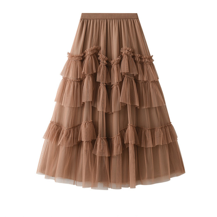 Women's Fashion Pleated Elegant A-Line Ruffle High Waist Mesh  Skirts