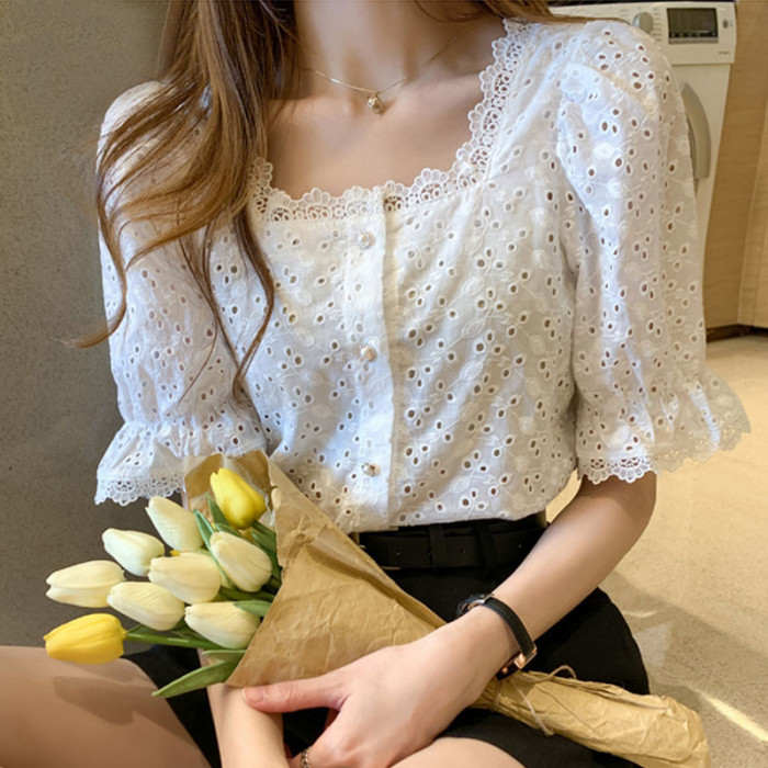 Fashion Elegant Short Sleeve Square Collar Hollow Out Blouse