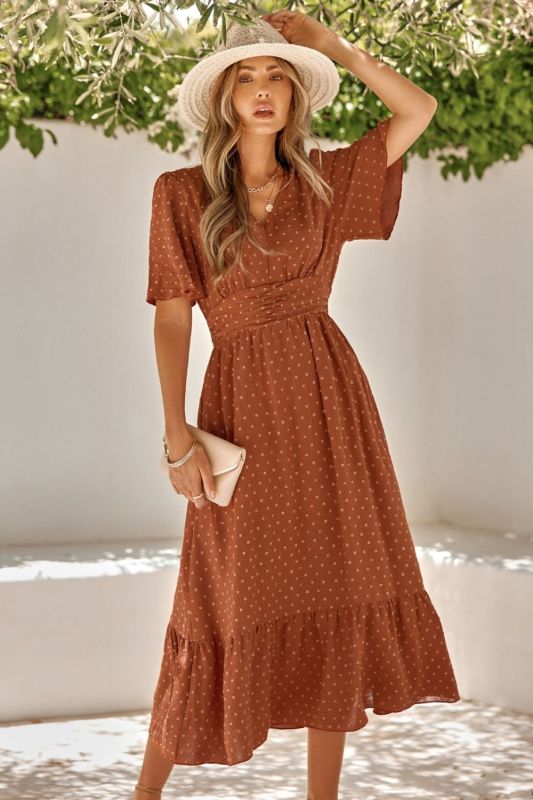 New Casual Women's V-neck Ruffle Sleeves Solid Color Dress