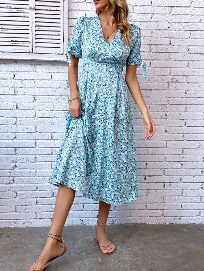 Elegant Floral Print Casual Slim Puff Sleeve Fashion V Neck Midi Dress