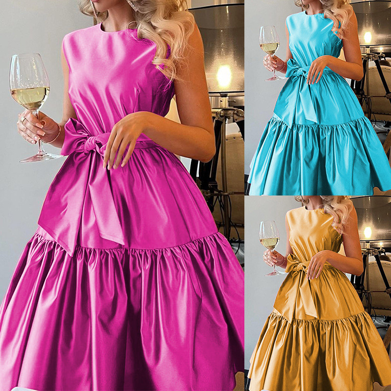 Fashion Sexy Solid Color Sleeveless O Neck Bow Elegant  Prom  Maxi Dress
