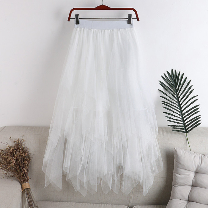 Women's Tulle Pleated A-Line Asymmetric Patchwork High Waist Mesh  Skirts
