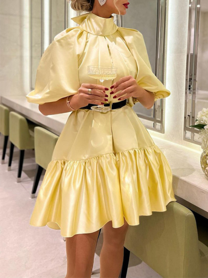 Elegant Bow Fashion High Waist Solid Color Party Mini Dress