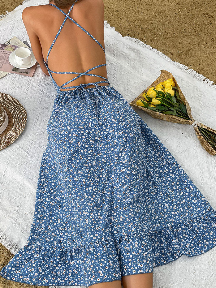 Sexy Deep V-Neck Open Back Beach Fashion Print Casual  Maxi Dress