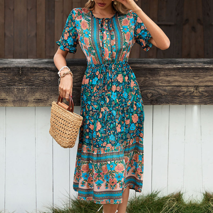 Bohemian Cotton Round Neck Tassel Lace Up Elegant Vintage Beach Party  Midi Dress
