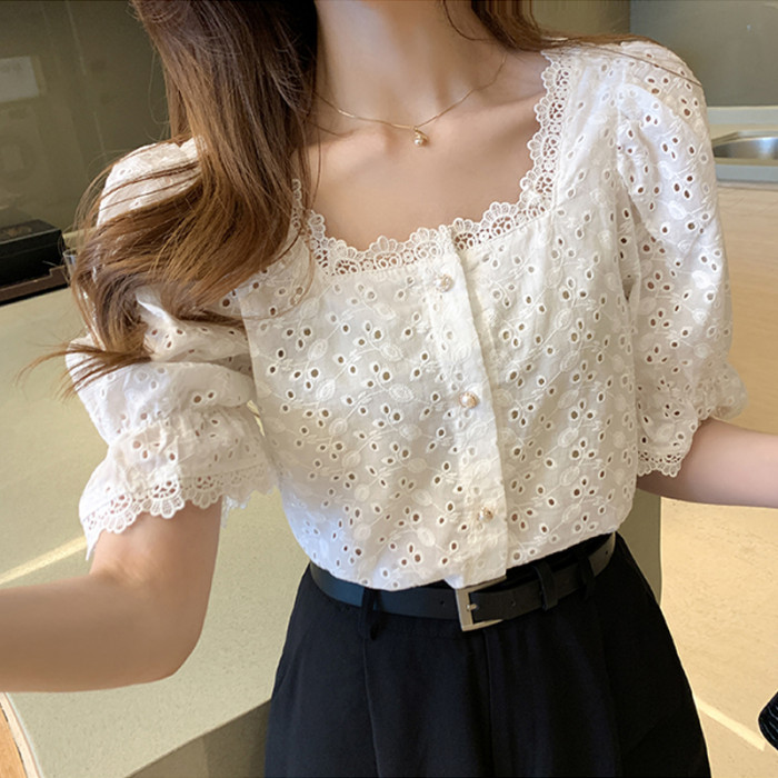 Fashion Elegant Short Sleeve Square Collar Hollow Out Blouse