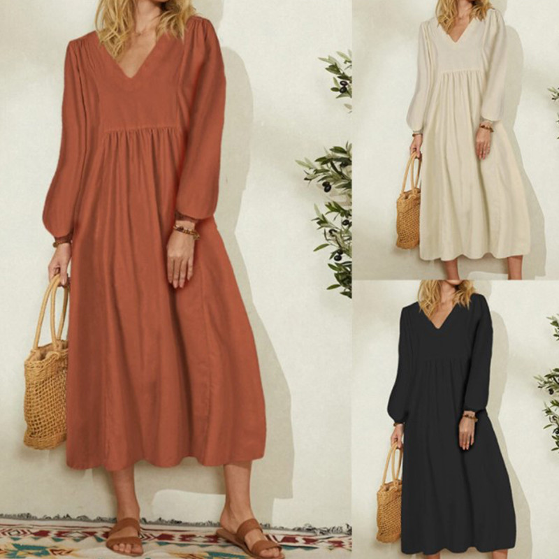 Women's Fashion Solid Color Casual Party Cotton Long Sleeve  Maxi Dress