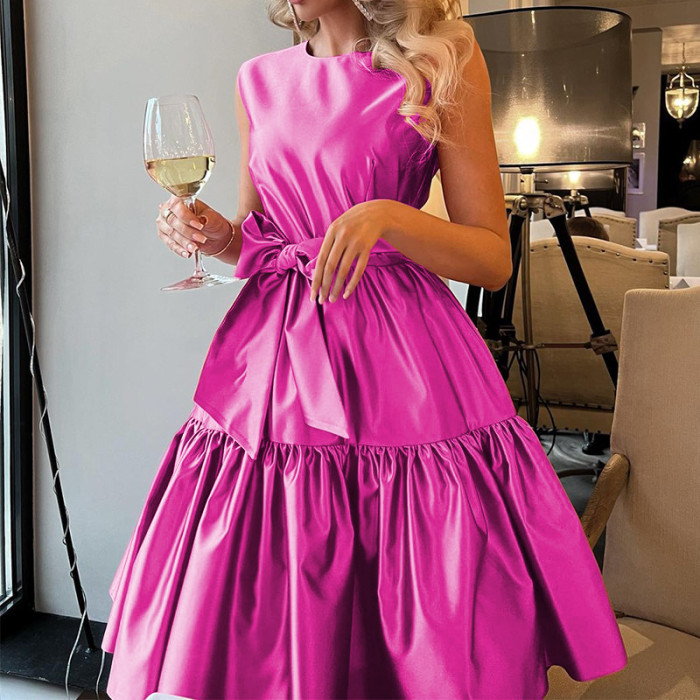 Fashion Sexy Solid Color Sleeveless O Neck Bow Elegant  Prom  Maxi Dress