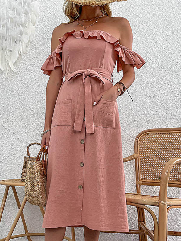 Casual Off Shoulder Solid Lace Up Pleated Pocket Loose Fit  Maxi Dress