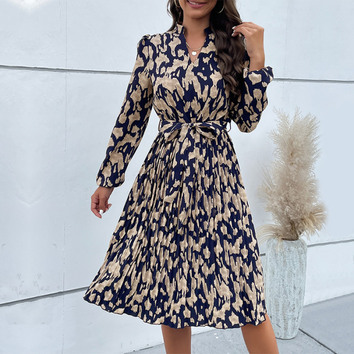 Vintage Flower Print Long Sleeve V-Neck Pleated Casual Party Midi Dress