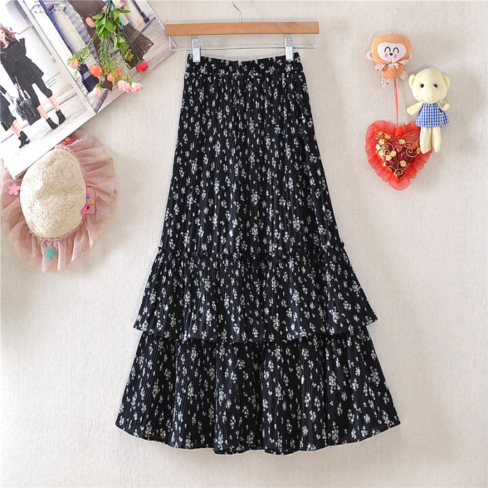 Fashion Chiffon Summer Elegant High Waist Casual Layered Print Skirt