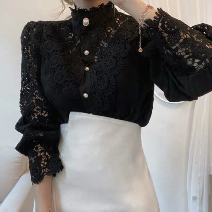Vintage Solid Lace Shirts Loose Casual Blouse