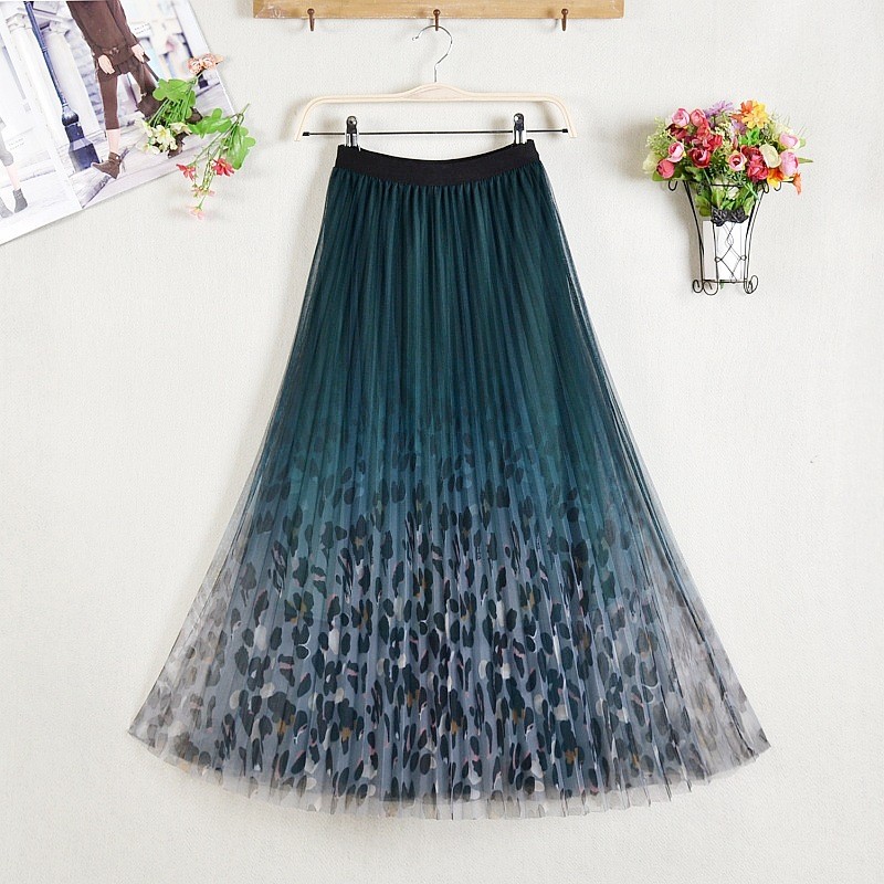 Fashionable Gradient Mesh High Waist Slim Pleated Large Swing Skirt