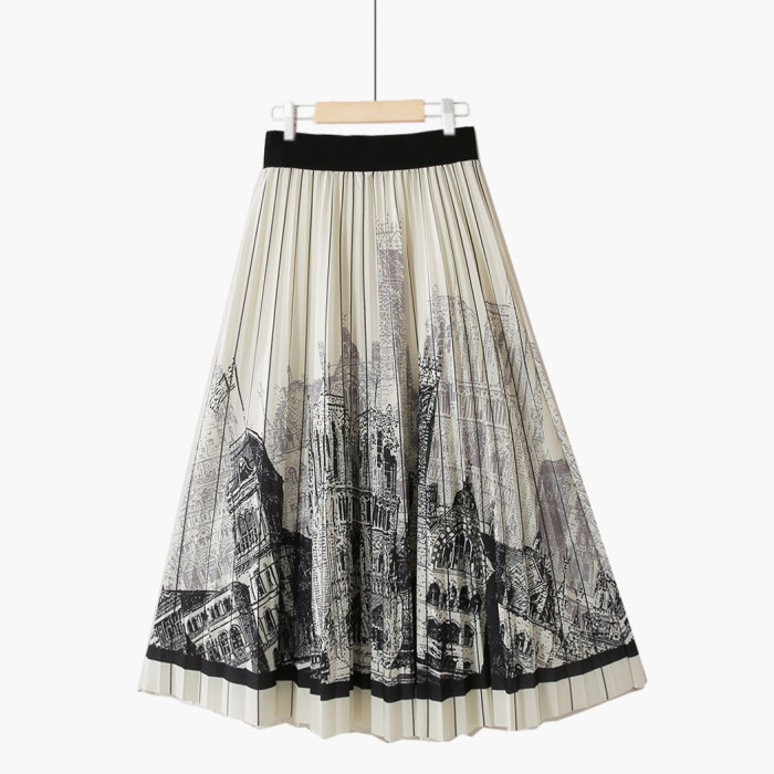 Fashion Sweet A-Line High Waist Elegant Print Vintage Midi Skirt