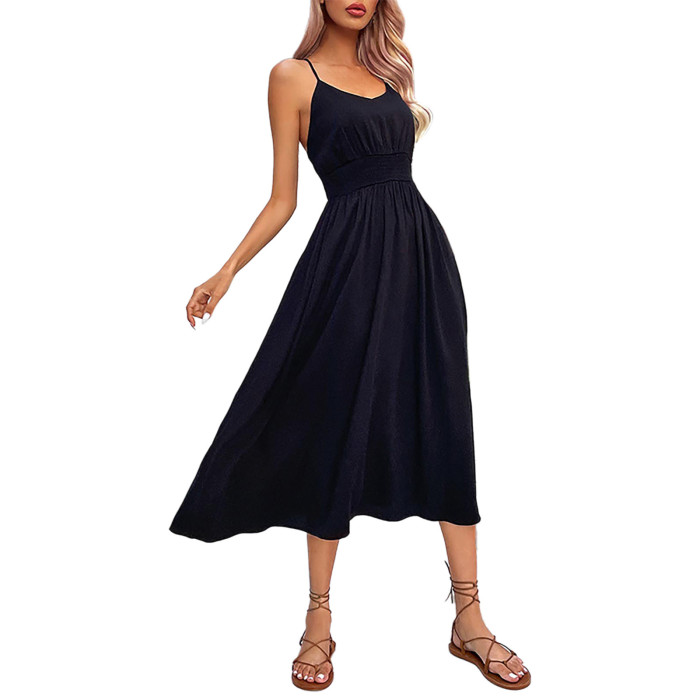 New Elegant Solid Color V Neck Sleeveless Dress