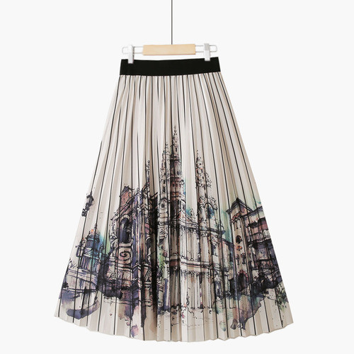 Fashion Sweet A-Line High Waist Elegant Print Vintage Midi Skirt