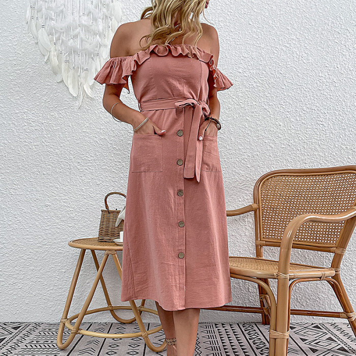 Casual Off Shoulder Solid Lace Up Pleated Pocket Loose Fit  Maxi Dress