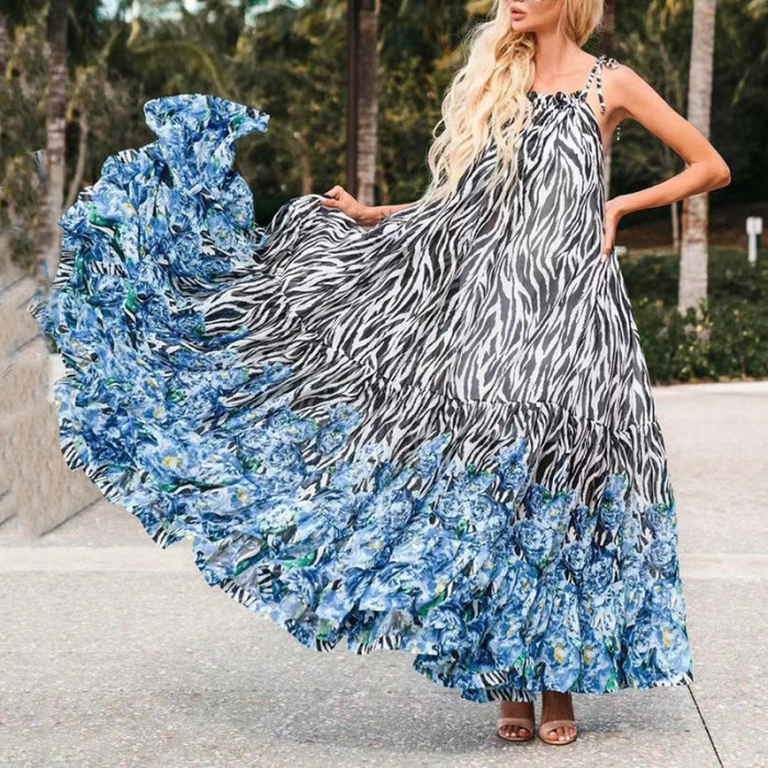 Elegant Casual Sleeveless Beach Print Loose O Neck Tie Party  Maxi Dress