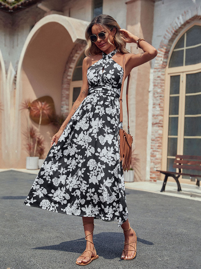 Fashion Casual Sleeveless Open Back Sexy Print Black  Maxi Dress