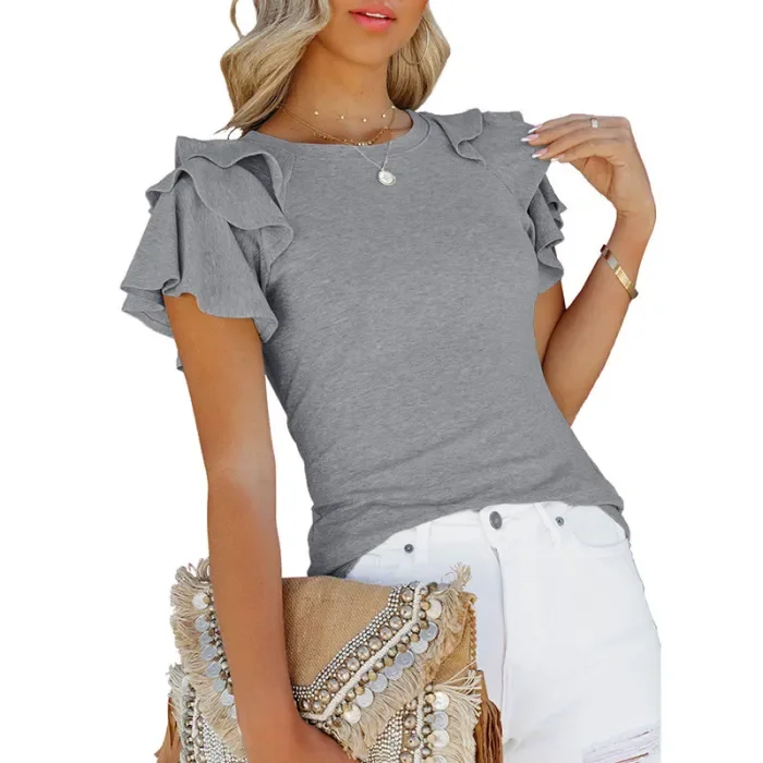 Women's Ruffled Slim Solid Color Short-sleeved T-shirt