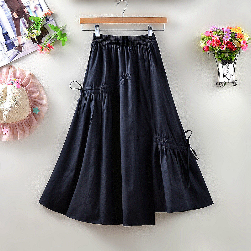 Full Contrast Solid Drawcord Irregular Swing Slim Fit Pleated Skirt