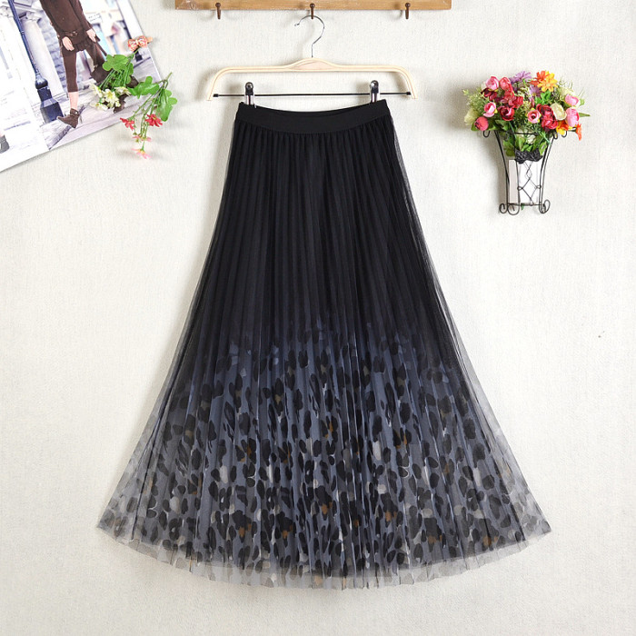 Fashionable Gradient Mesh High Waist Slim Pleated Large Swing Skirt