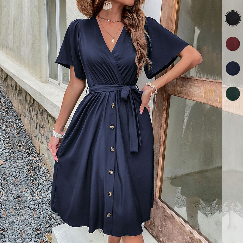 New Trumpet Sleeve Solid Color Fashion Dress