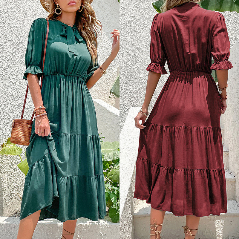 Fashion Crew Neck Casual Solid Pleated Elastic A-Line  Maxi Dress