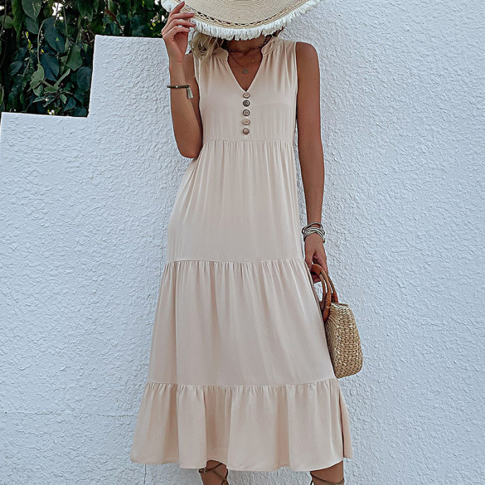 Fashion Solid Sleeveless V-Neck Button Elegant Casual Party  Maxi Dress