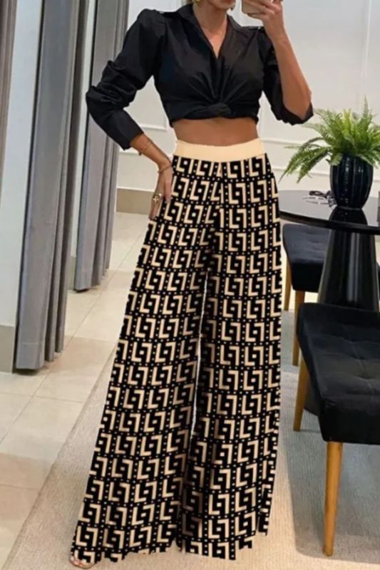 Elegant V Neck Long Sleeve Blouse+Geometry Print Pants 2pcs Set