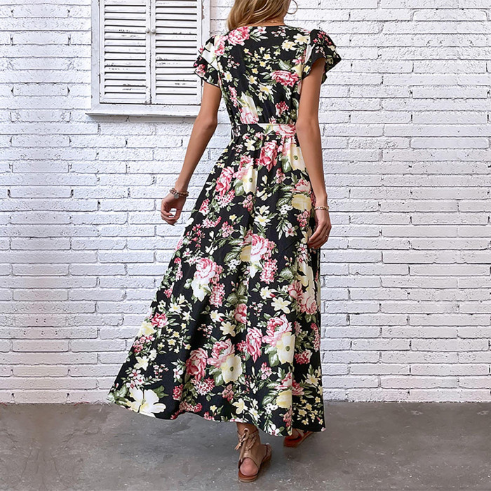 Fashionable Ruffle Sleeve Print Split Waist Bohemian Elegant Sweet  Maxi Dress