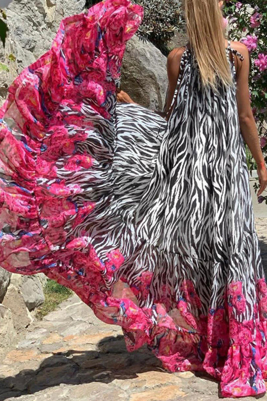 Elegant Casual Sleeveless Beach Print Loose O Neck Tie Party  Maxi Dress