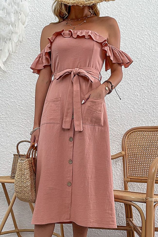 Casual Off Shoulder Solid Lace Up Pleated Pocket Loose Fit  Maxi Dress