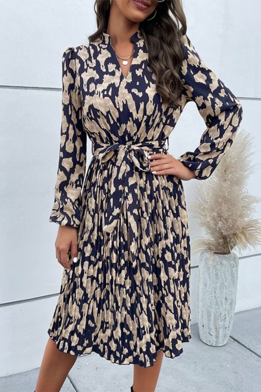 Vintage Flower Print Long Sleeve V-Neck Pleated Casual Party Midi Dress