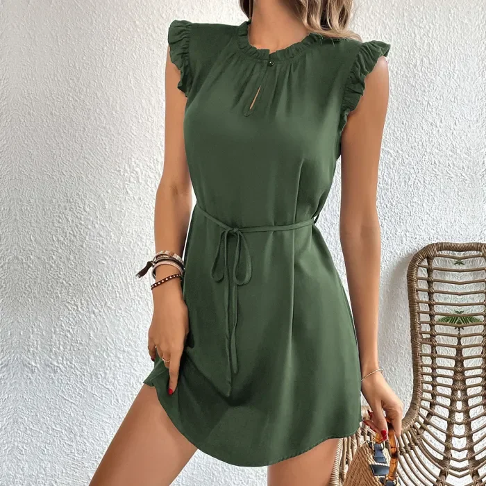 Fashion Women's Loose Fit Flying Sleeve Solid Color Mini Dress