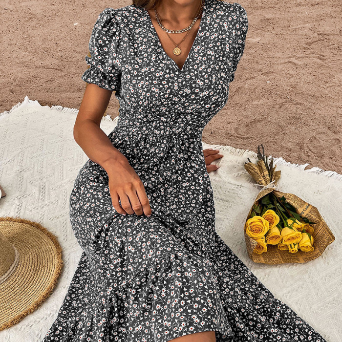 Women's Fashion Summer Pleated Holiday Sexy Big Swing Floral Maxi Dress