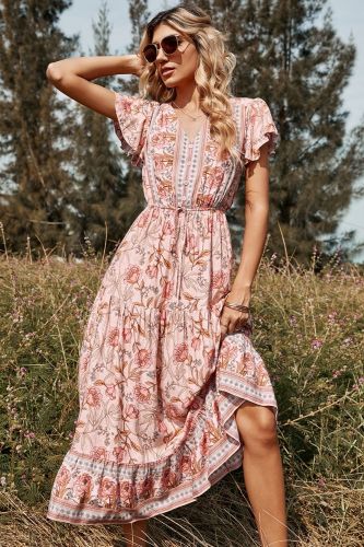 Vintage Floral Print Ruffles Casual V-neck Midi Dress