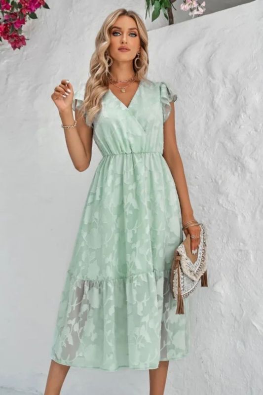 Elegant Butterfly Sleeve Party Casual V-neck Ruffles Midi Dress