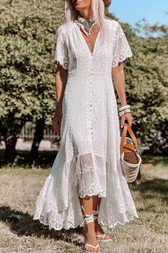 Women Solid Floral Short Sleeve Bohemian Maxi Dress