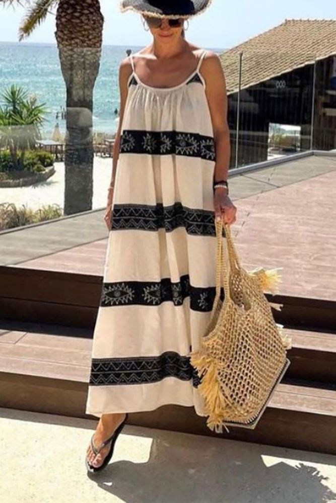 Bohemian Striped Print Beach Patchwork Sexy Sleeveless Dress