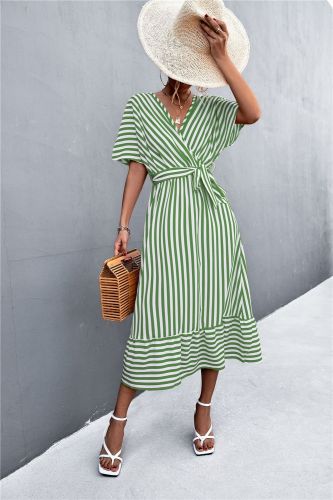 New Elegant Striped Ruffles Loose Casual V-neck Midi Dress