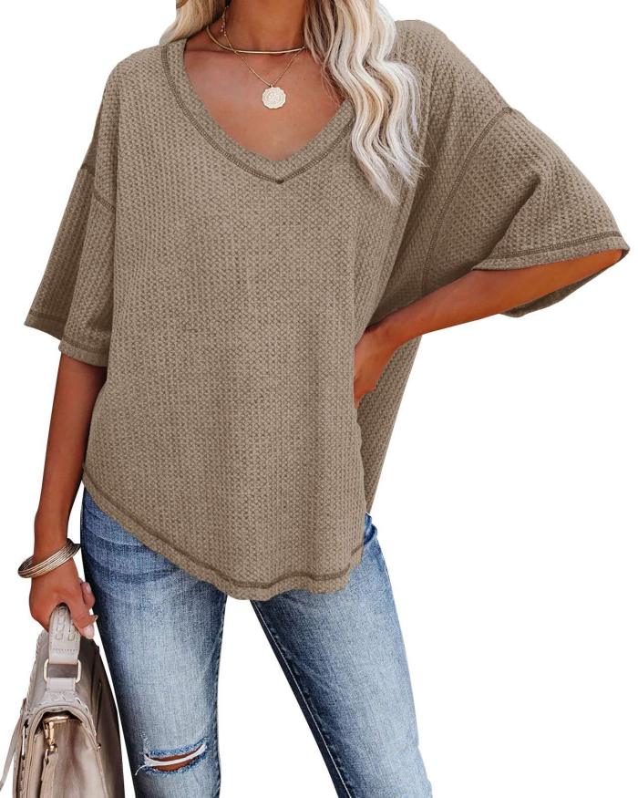 Ladies Top V Neck Knit Loose Solid Color Dolman Sleeve T-Shirt