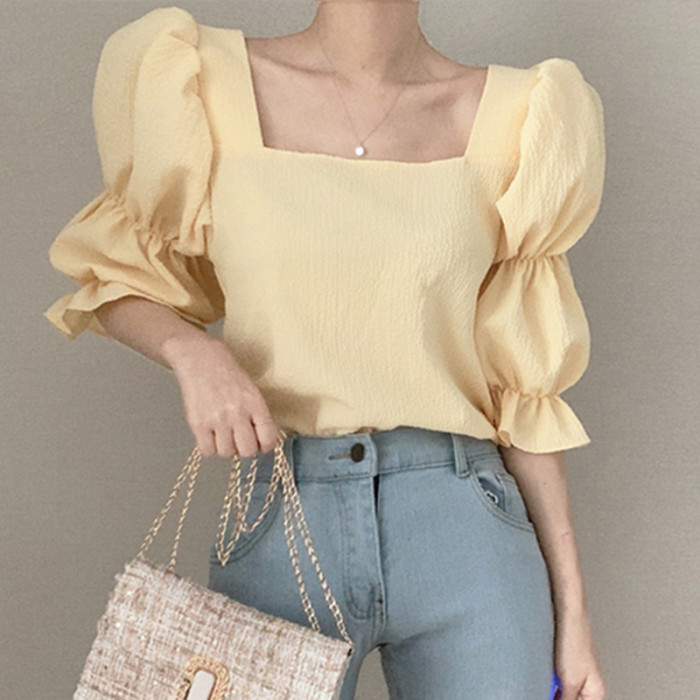 Women's Vacation Sweet Puff Sleeve Simple Solid Color Fashion  Blouse Y2k Top