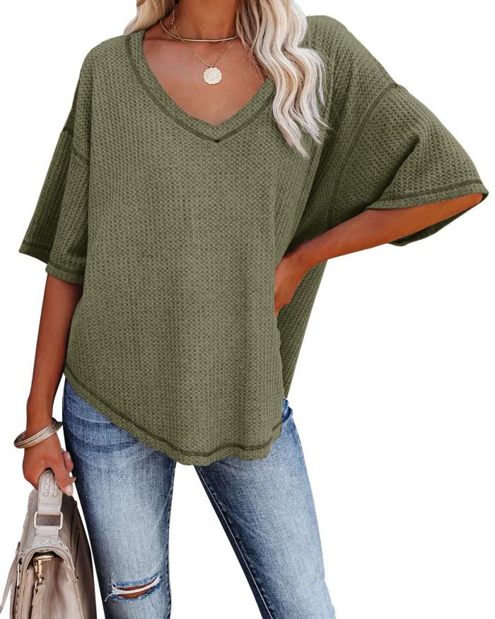 Ladies Top V Neck Knit Loose Solid Color Dolman Sleeve T-Shirt
