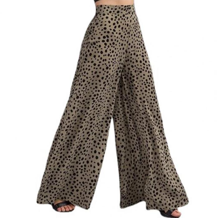 Loose Ladies Elegant Leopard Print High Waist Wide Leg Trousers