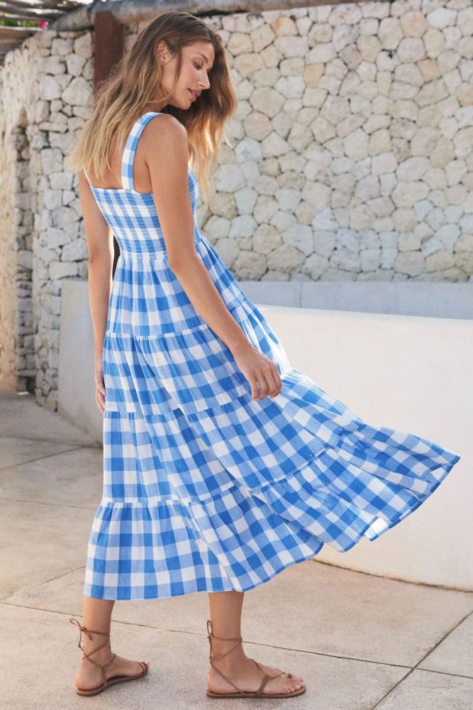 Sexy Plaid Square Neck Sleeveless Pleated A-Line Vintage Party Maxi Dress